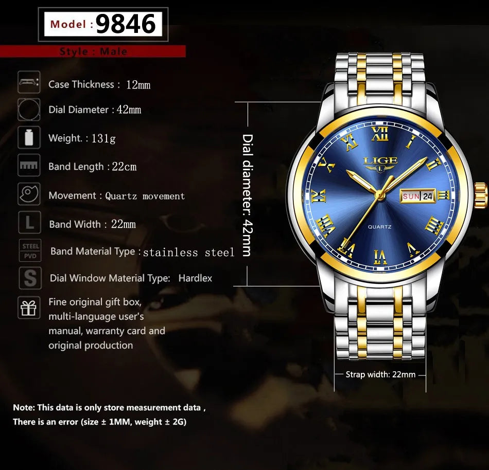 Luxury LIGE 9846 Hot Selling Analog Watch Waterproof Wrist Quartz Watches Men Stainless Steel Watches Sport