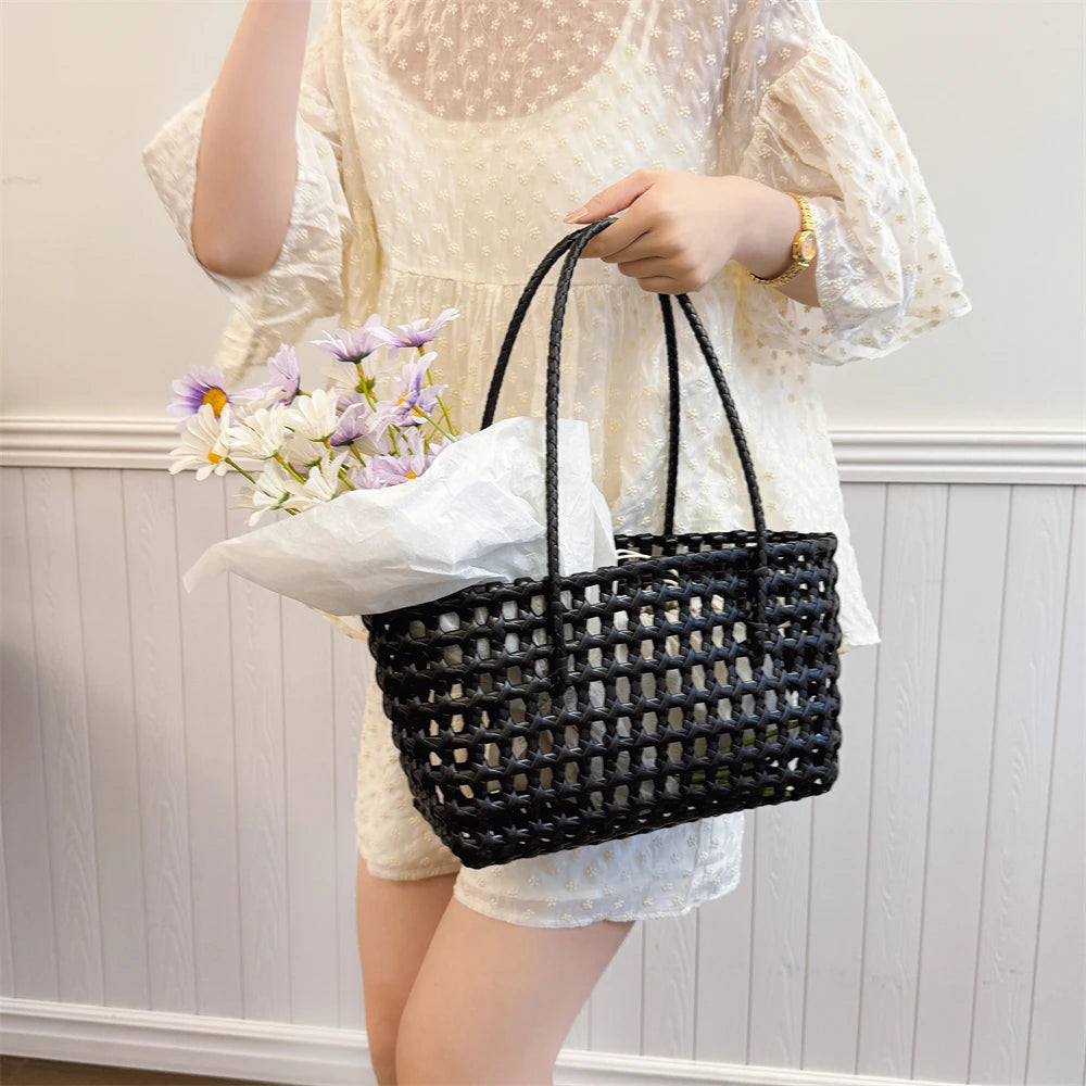 Woven Style Underarm Shoulder Basket Bag Set For Women 2-IN-1 PVC Hollow-out Pure Color Summer Beach Tote Bags 2025 New Handbags
