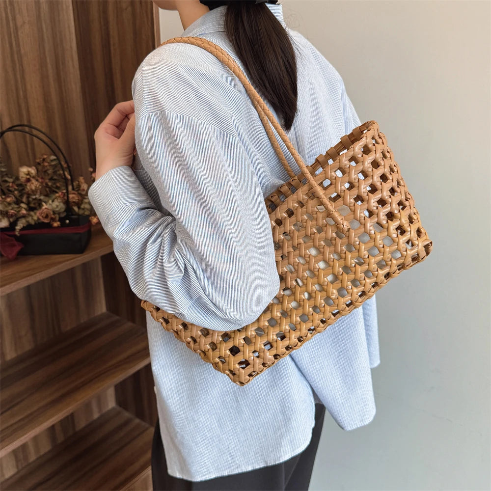 Woven Style Underarm Shoulder Basket Bag Set For Women 2-IN-1 PVC Hollow-out Pure Color Summer Beach Tote Bags 2025 New Handbags