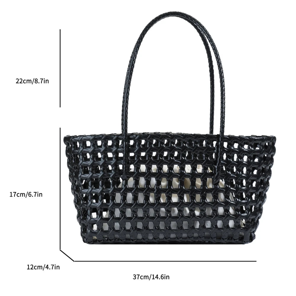 Woven Style Underarm Shoulder Basket Bag Set For Women 2-IN-1 PVC Hollow-out Pure Color Summer Beach Tote Bags 2025 New Handbags