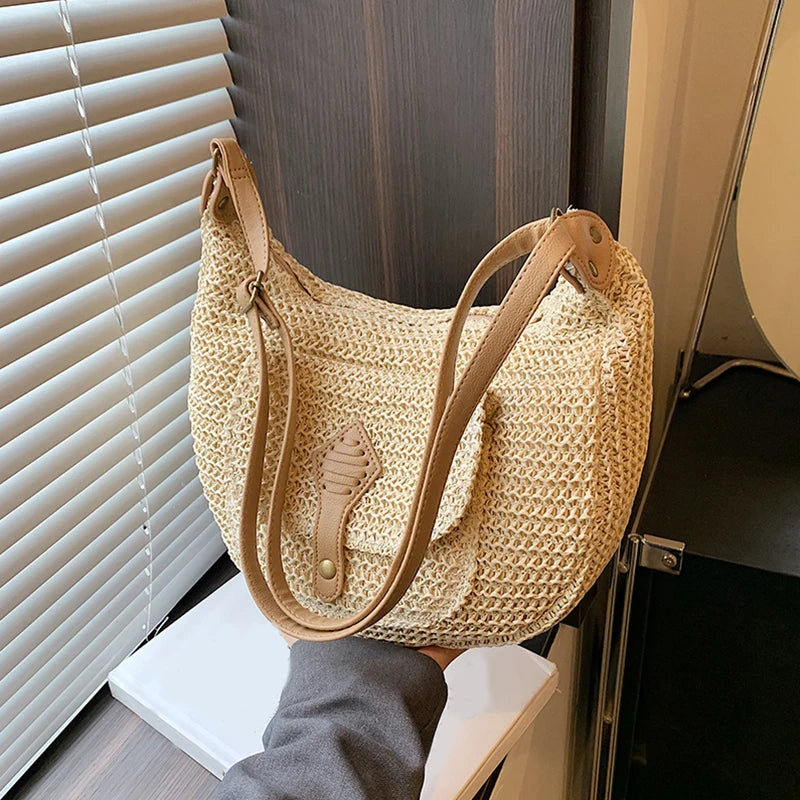 2024 Summer Beach Straw Handbags and Purses Weave Tote Bag Female Bohemian Shoulder Bags for Women Lady Travel Shopping Bags