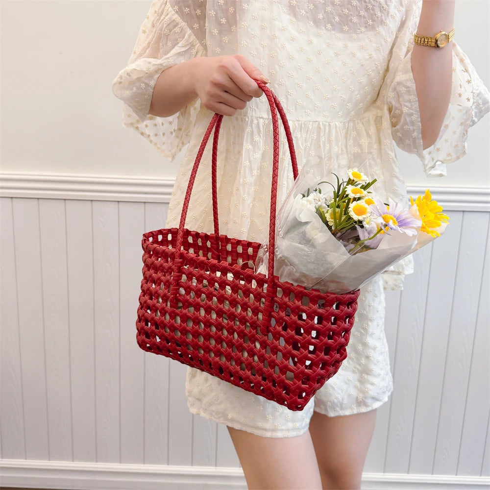 Woven Style Underarm Shoulder Basket Bag Set For Women 2-IN-1 PVC Hollow-out Pure Color Summer Beach Tote Bags 2025 New Handbags