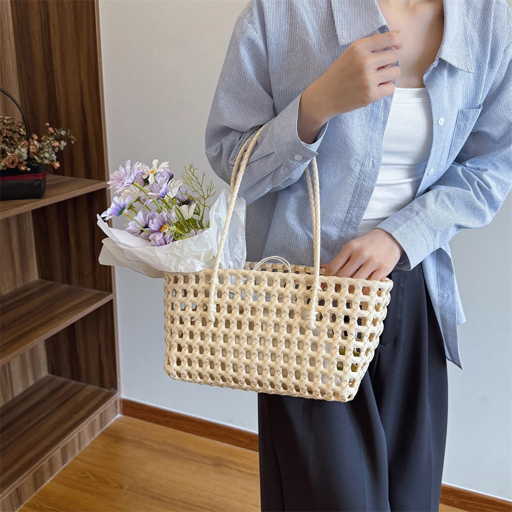 Woven Style Underarm Shoulder Basket Bag Set For Women 2-IN-1 PVC Hollow-out Pure Color Summer Beach Tote Bags 2025 New Handbags