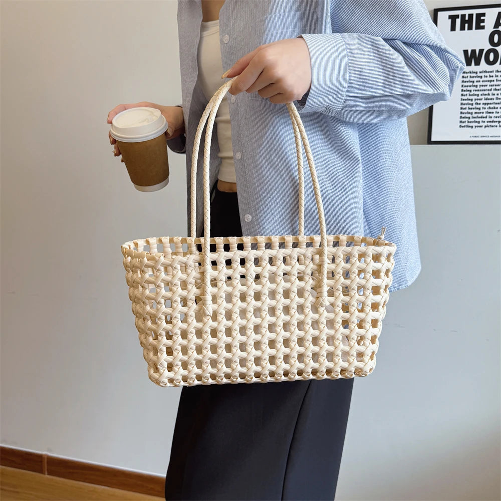 Woven Style Underarm Shoulder Basket Bag Set For Women 2-IN-1 PVC Hollow-out Pure Color Summer Beach Tote Bags 2025 New Handbags
