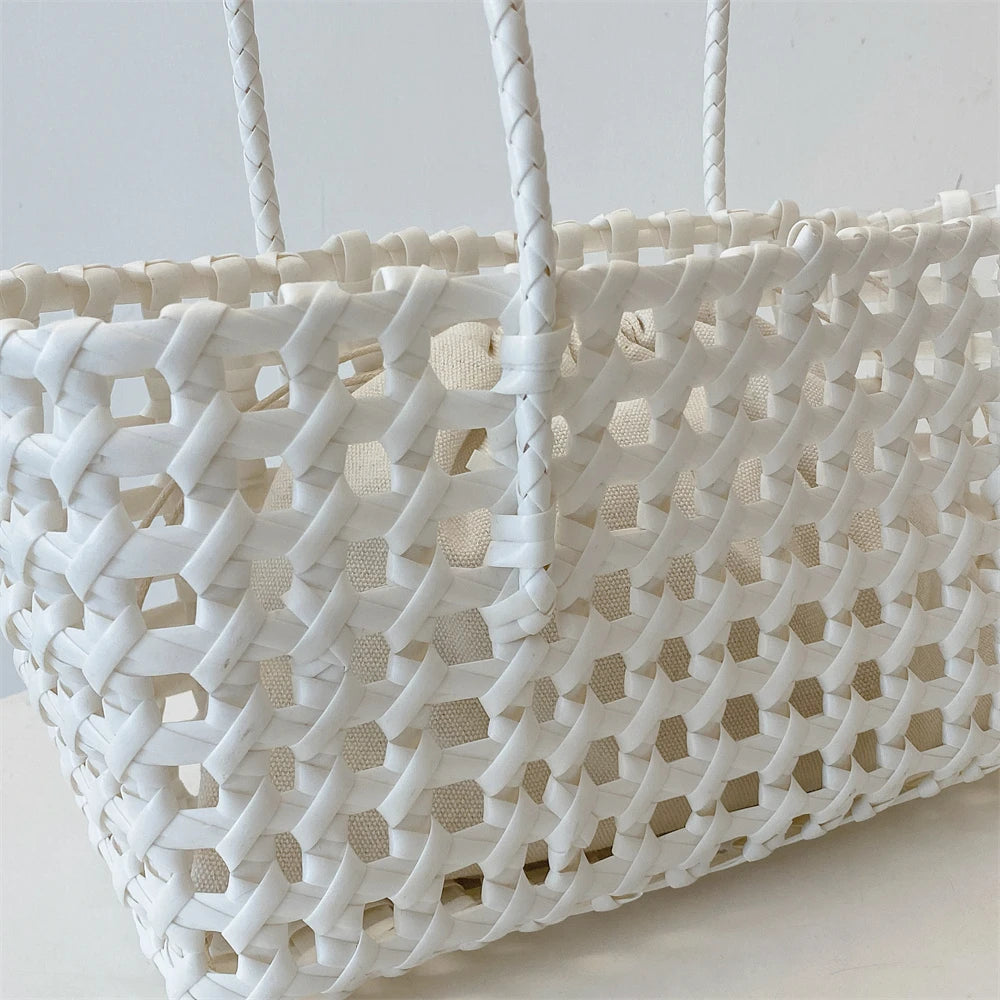 Woven Style Underarm Shoulder Basket Bag Set For Women 2-IN-1 PVC Hollow-out Pure Color Summer Beach Tote Bags 2025 New Handbags