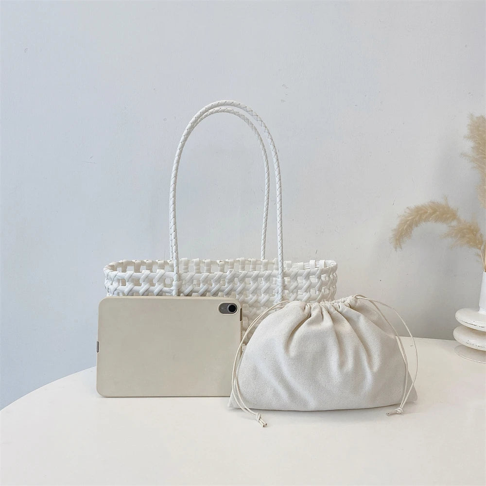 Woven Style Underarm Shoulder Basket Bag Set For Women 2-IN-1 PVC Hollow-out Pure Color Summer Beach Tote Bags 2025 New Handbags