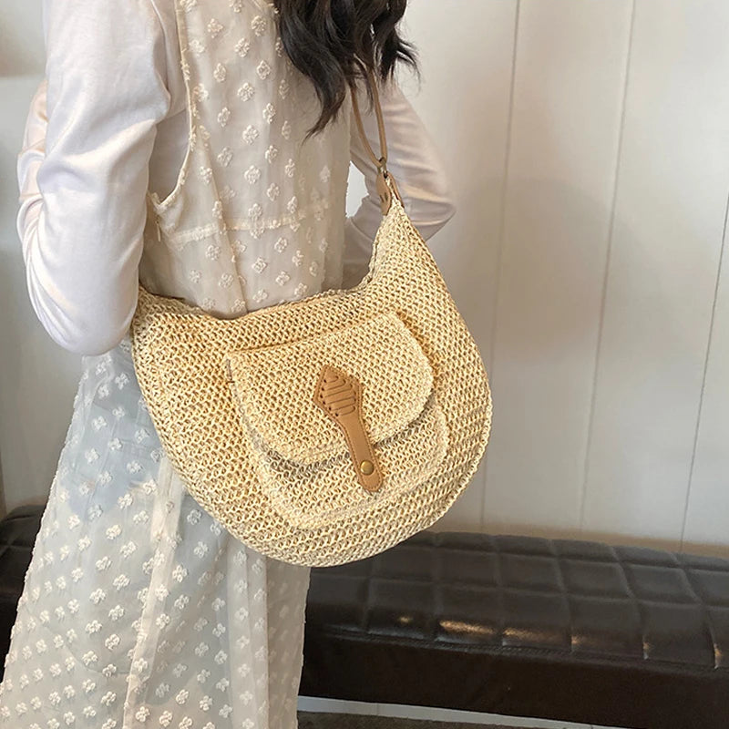 2024 Summer Beach Straw Handbags and Purses Weave Tote Bag Female Bohemian Shoulder Bags for Women Lady Travel Shopping Bags