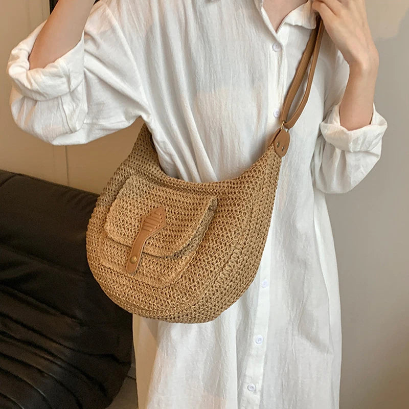 2024 Summer Beach Straw Handbags and Purses Weave Tote Bag Female Bohemian Shoulder Bags for Women Lady Travel Shopping Bags