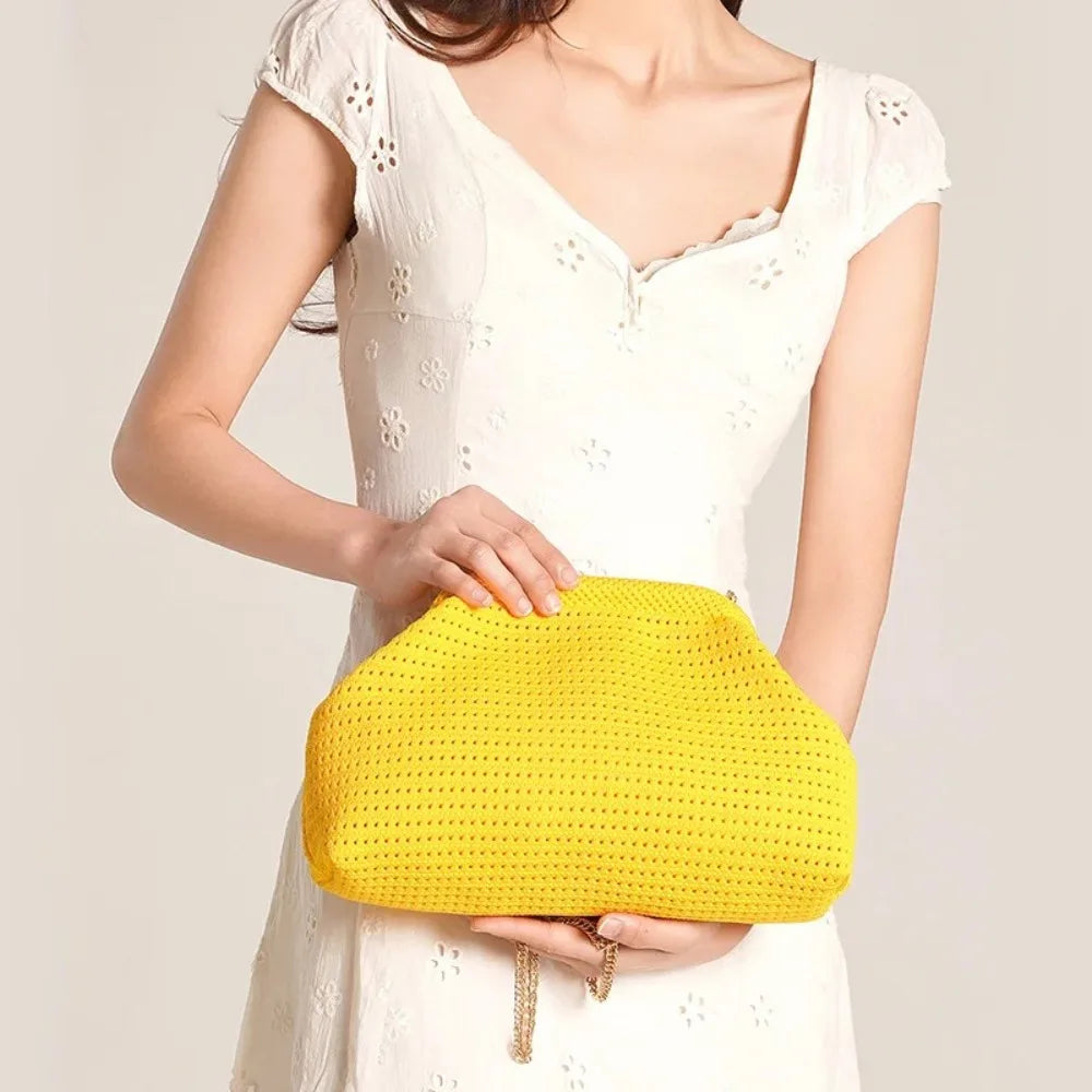 Solid Color Women Beach Clutch Bag Large Capacity Hollow Out Banquet Bag Soft Elastic Dumpling Purse Summer Crochet Handbag