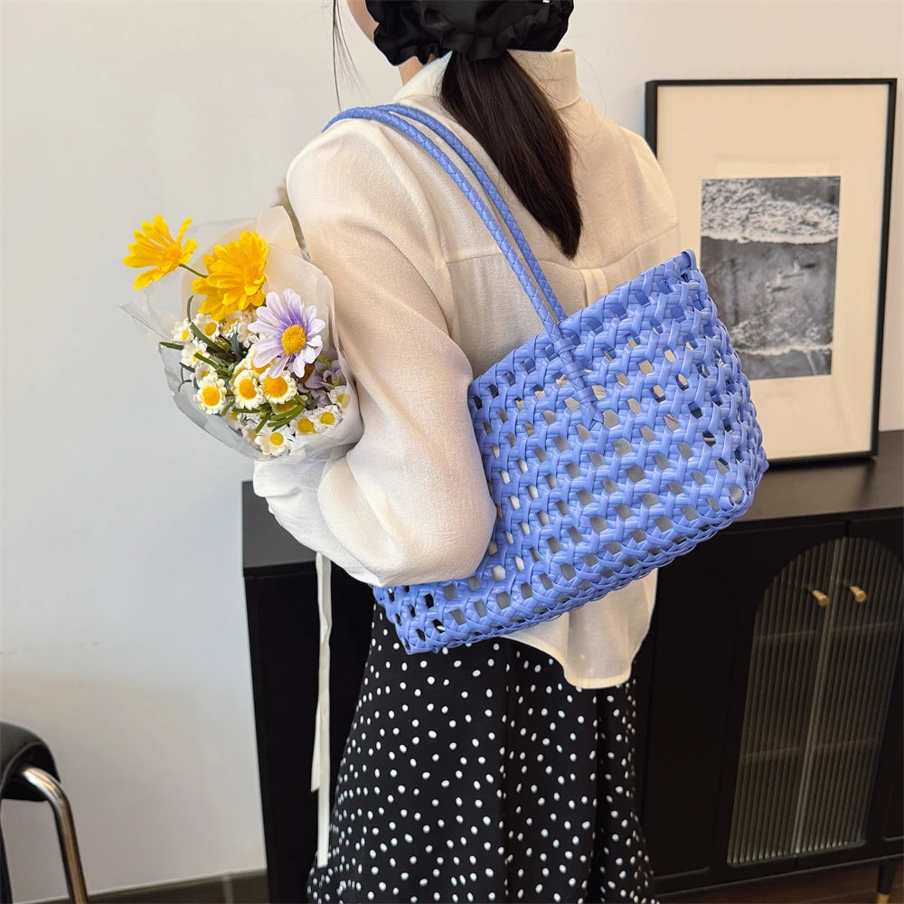 Woven Style Underarm Shoulder Basket Bag Set For Women 2-IN-1 PVC Hollow-out Pure Color Summer Beach Tote Bags 2025 New Handbags