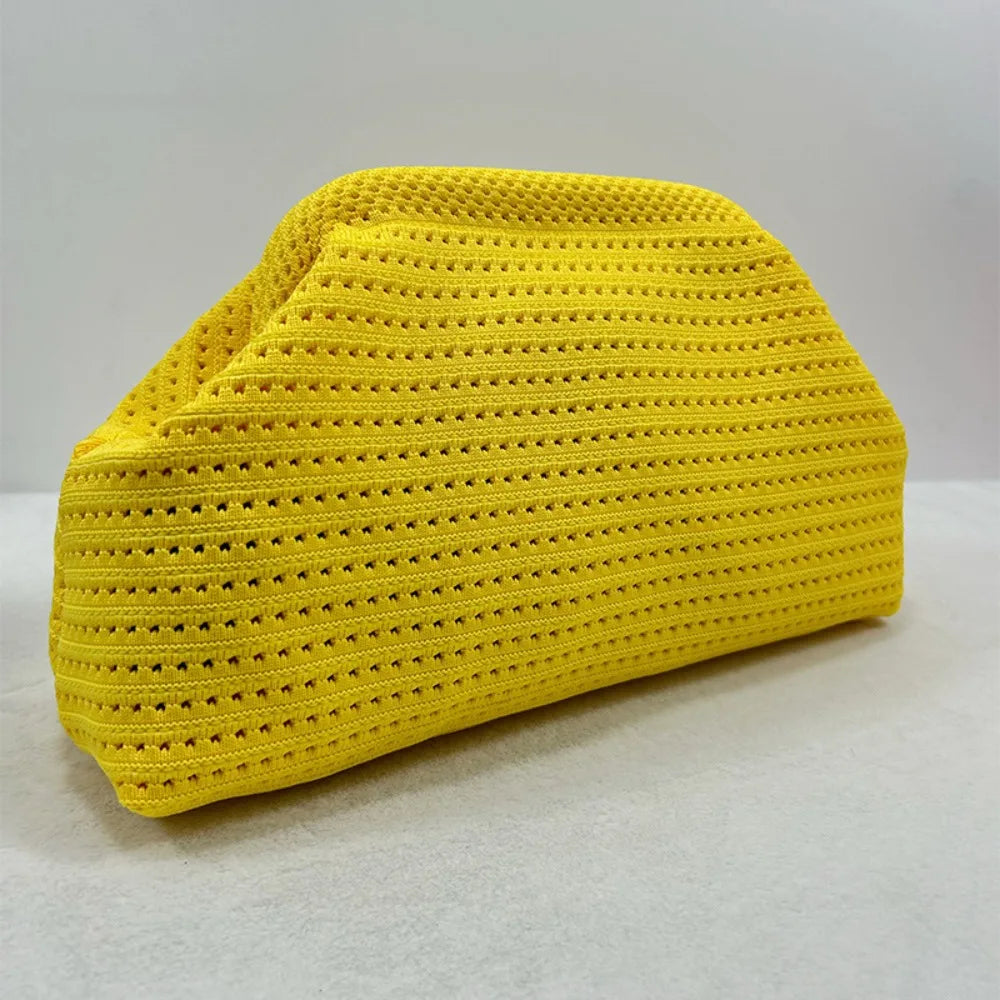 Solid Color Women Beach Clutch Bag Large Capacity Hollow Out Banquet Bag Soft Elastic Dumpling Purse Summer Crochet Handbag