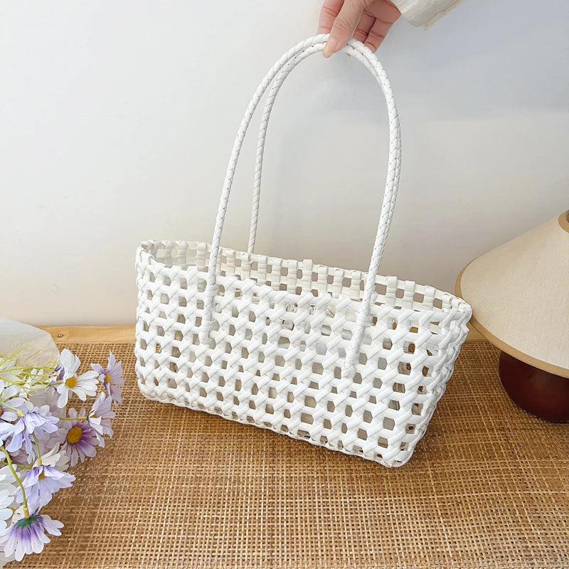 Woven Style Underarm Shoulder Basket Bag Set For Women 2-IN-1 PVC Hollow-out Pure Color Summer Beach Tote Bags 2025 New Handbags