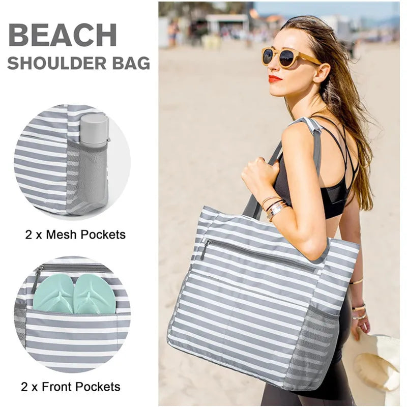 1pcs Beach Tote Bag Waterproof Foldable Large Capacity Lightweight Portable Travel Storage Bag for Outdoor Swimming Vacation