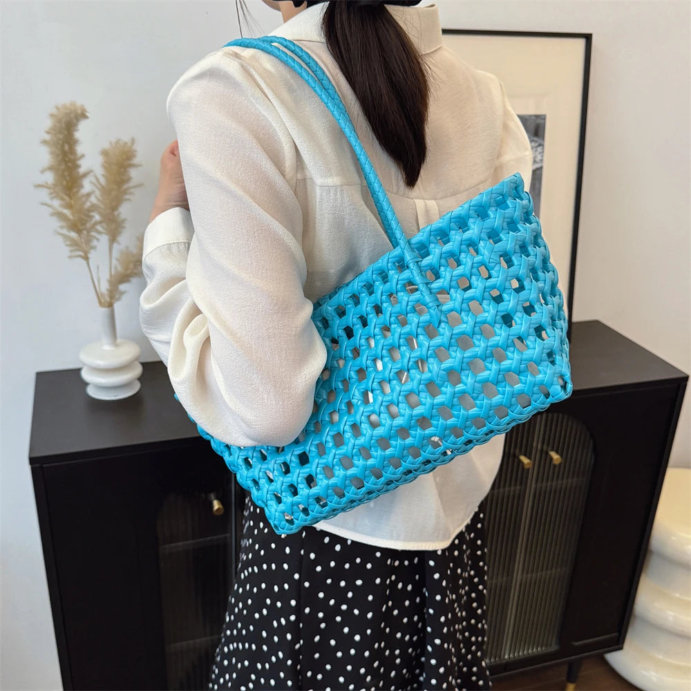Woven Style Underarm Shoulder Basket Bag Set For Women 2-IN-1 PVC Hollow-out Pure Color Summer Beach Tote Bags 2025 New Handbags