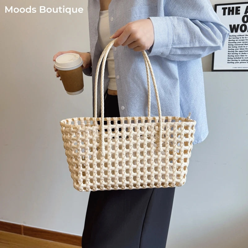 Woven Style Underarm Shoulder Basket Bag Set For Women 2-IN-1 PVC Hollow-out Pure Color Summer Beach Tote Bags 2025 New Handbags