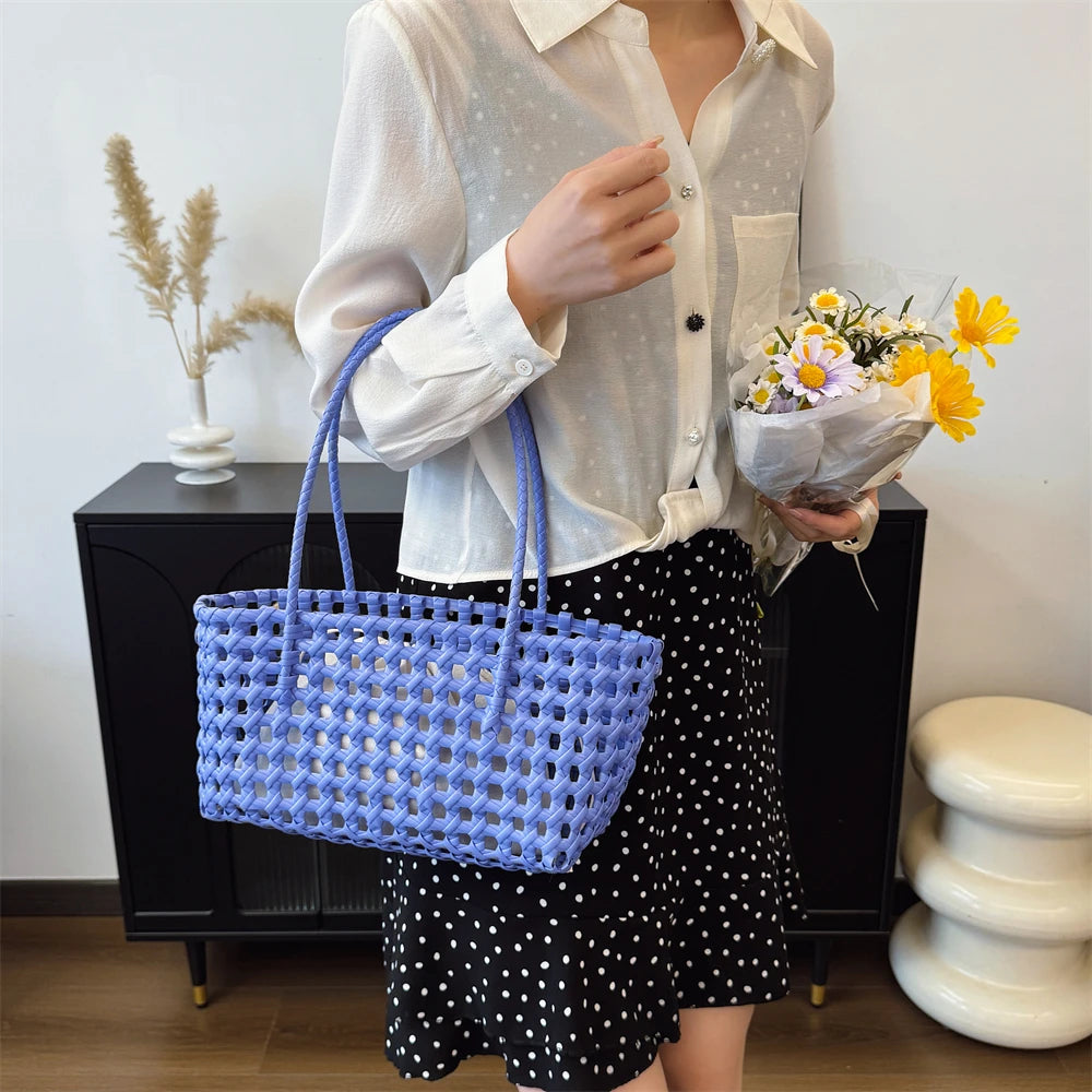 Woven Style Underarm Shoulder Basket Bag Set For Women 2-IN-1 PVC Hollow-out Pure Color Summer Beach Tote Bags 2025 New Handbags