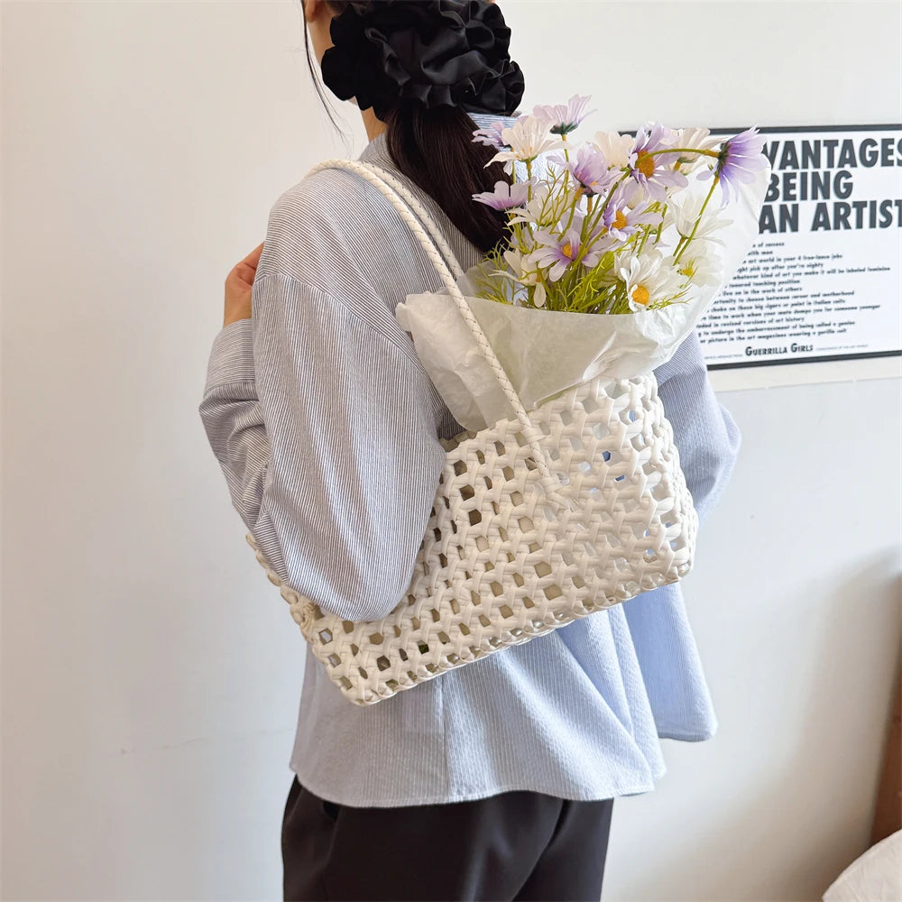 Woven Style Underarm Shoulder Basket Bag Set For Women 2-IN-1 PVC Hollow-out Pure Color Summer Beach Tote Bags 2025 New Handbags