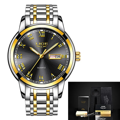 Luxury  LIGE  9846 Hot Selling Analog Watch Waterproof Wrist Quartz Watches Men Stainless Steel Watches Sport
