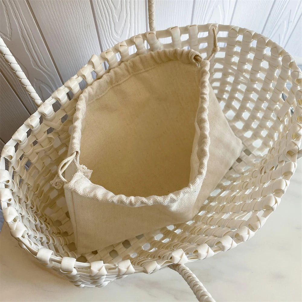 Woven Style Underarm Shoulder Basket Bag Set For Women 2-IN-1 PVC Hollow-out Pure Color Summer Beach Tote Bags 2025 New Handbags