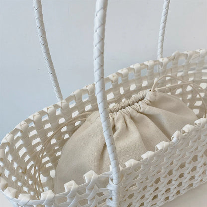 Woven Style Underarm Shoulder Basket Bag Set For Women 2-IN-1 PVC Hollow-out Pure Color Summer Beach Tote Bags 2025 New Handbags