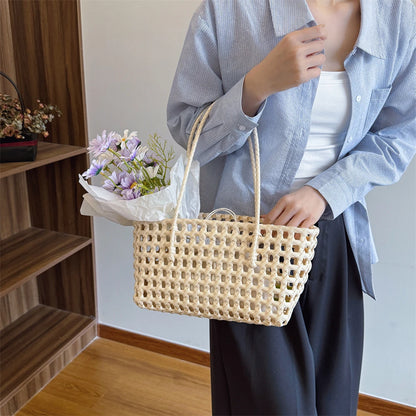 Woven Style Underarm Shoulder Basket Bag Set For Women 2-IN-1 PVC Hollow-out Pure Color Summer Beach Tote Bags 2025 New Handbags