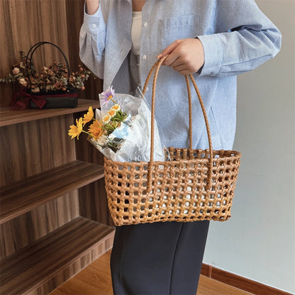 Woven Style Underarm Shoulder Basket Bag Set For Women 2-IN-1 PVC Hollow-out Pure Color Summer Beach Tote Bags 2025 New Handbags