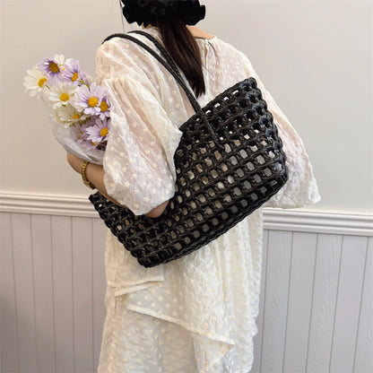 Woven Style Underarm Shoulder Basket Bag Set For Women 2-IN-1 PVC Hollow-out Pure Color Summer Beach Tote Bags 2025 New Handbags