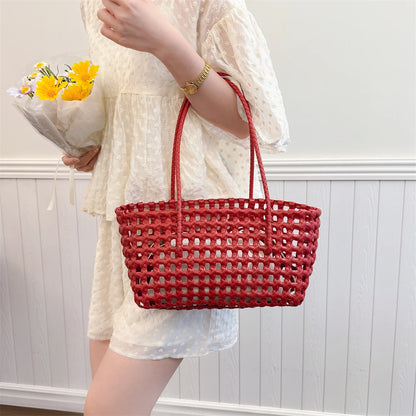 Woven Style Underarm Shoulder Basket Bag Set For Women 2-IN-1 PVC Hollow-out Pure Color Summer Beach Tote Bags 2025 New Handbags