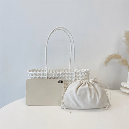 Woven Style Underarm Shoulder Basket Bag Set For Women 2-IN-1 PVC Hollow-out Pure Color Summer Beach Tote Bags 2025 New Handbags