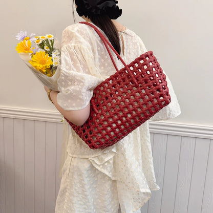 Woven Style Underarm Shoulder Basket Bag Set For Women 2-IN-1 PVC Hollow-out Pure Color Summer Beach Tote Bags 2025 New Handbags