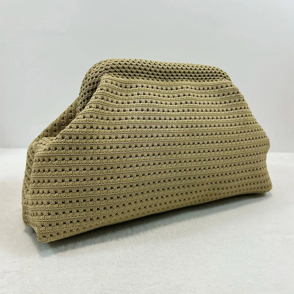 Solid Color Women Beach Clutch Bag Large Capacity Hollow Out Banquet Bag Soft Elastic Dumpling Purse Summer Crochet Handbag