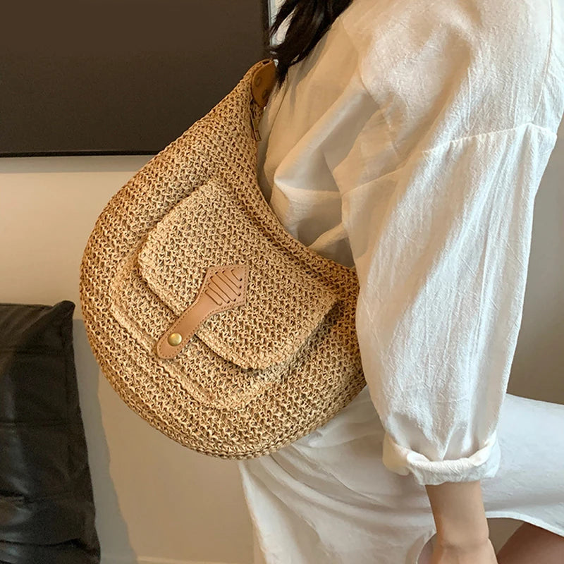 2024 Summer Beach Straw Handbags and Purses Weave Tote Bag Female Bohemian Shoulder Bags for Women Lady Travel Shopping Bags
