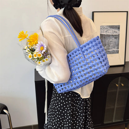 Woven Style Underarm Shoulder Basket Bag Set For Women 2-IN-1 PVC Hollow-out Pure Color Summer Beach Tote Bags 2025 New Handbags