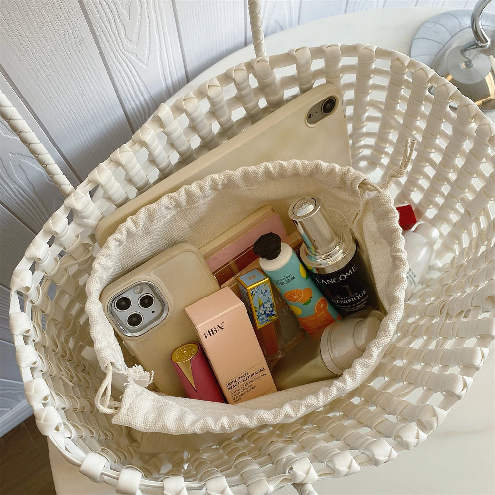 Woven Style Underarm Shoulder Basket Bag Set For Women 2-IN-1 PVC Hollow-out Pure Color Summer Beach Tote Bags 2025 New Handbags