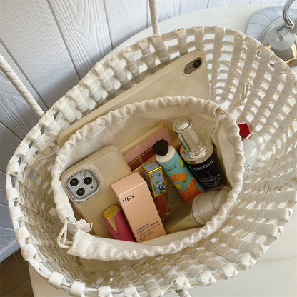 Woven Style Underarm Shoulder Basket Bag Set For Women 2-IN-1 PVC Hollow-out Pure Color Summer Beach Tote Bags 2025 New Handbags
