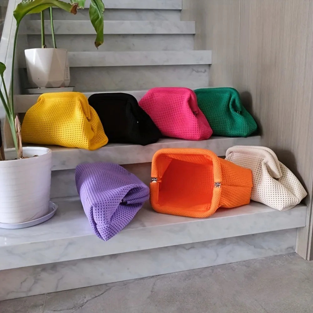 Solid Color Women Beach Clutch Bag Large Capacity Hollow Out Banquet Bag Soft Elastic Dumpling Purse Summer Crochet Handbag