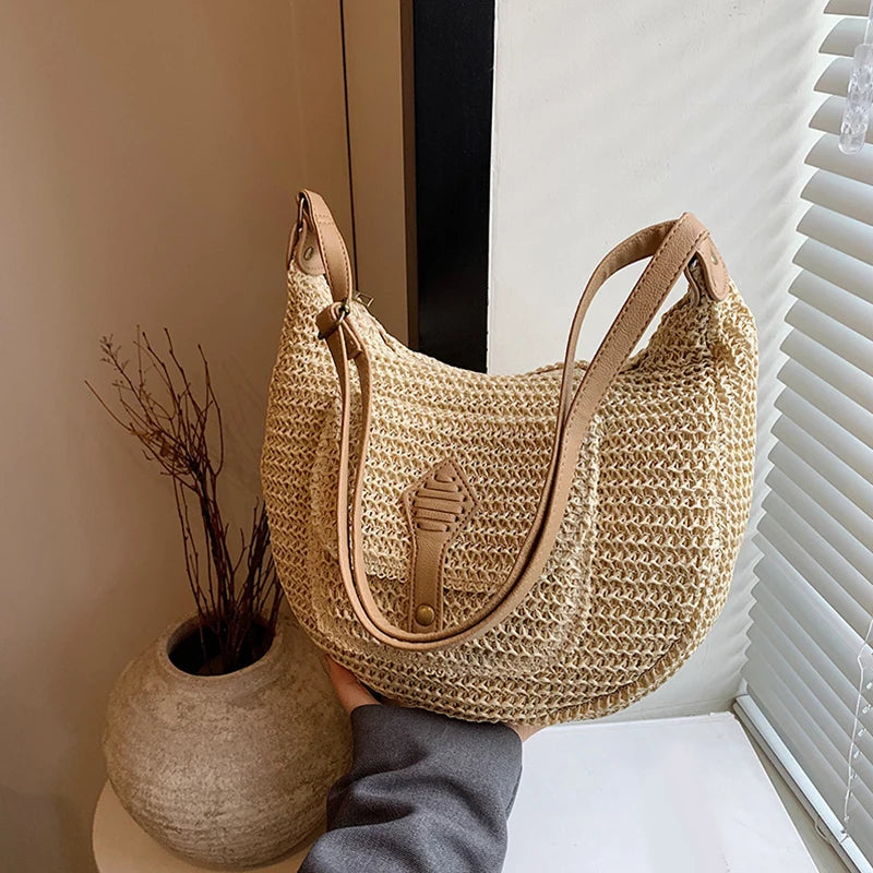 2024 Summer Beach Straw Handbags and Purses Weave Tote Bag Female Bohemian Shoulder Bags for Women Lady Travel Shopping Bags