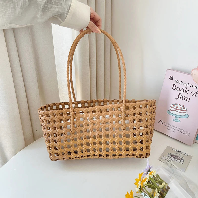 Woven Style Underarm Shoulder Basket Bag Set For Women 2-IN-1 PVC Hollow-out Pure Color Summer Beach Tote Bags 2025 New Handbags