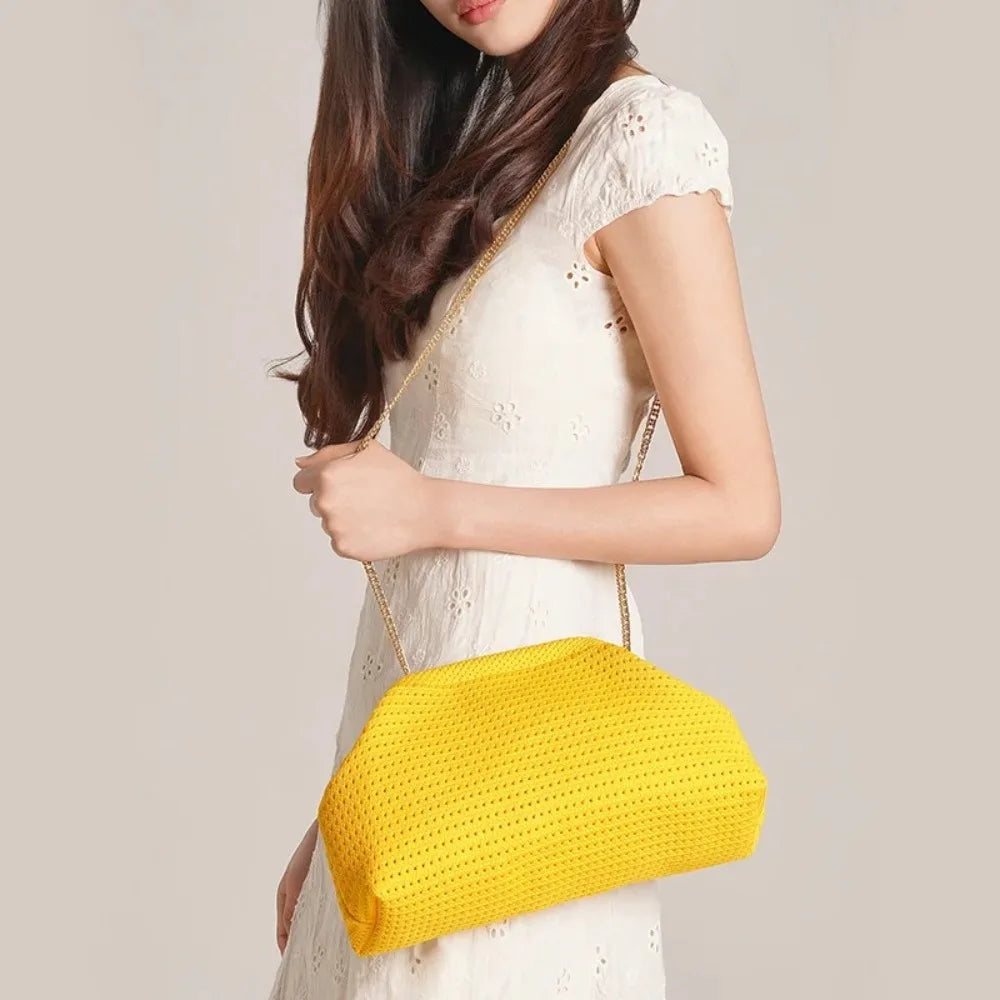 Solid Color Women Beach Clutch Bag Large Capacity Hollow Out Banquet Bag Soft Elastic Dumpling Purse Summer Crochet Handbag