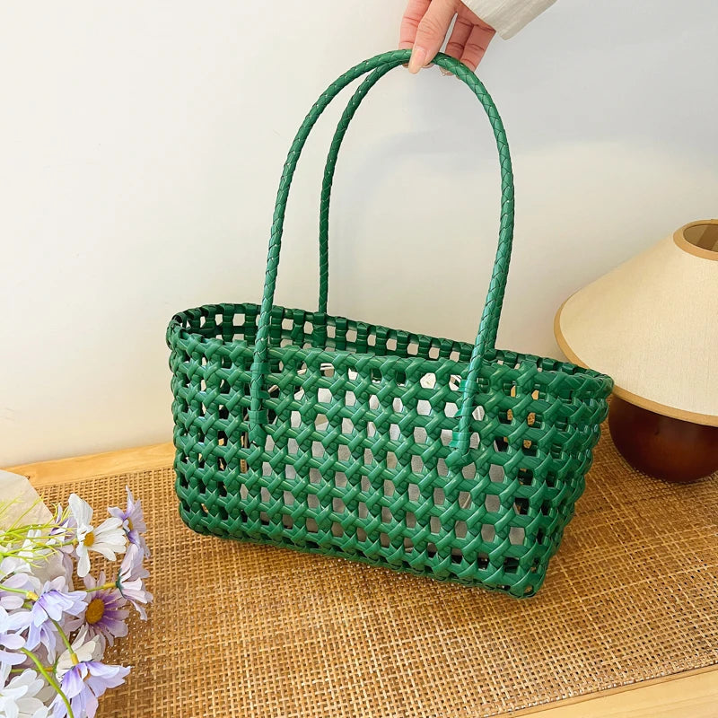 Woven Style Underarm Shoulder Basket Bag Set For Women 2-IN-1 PVC Hollow-out Pure Color Summer Beach Tote Bags 2025 New Handbags