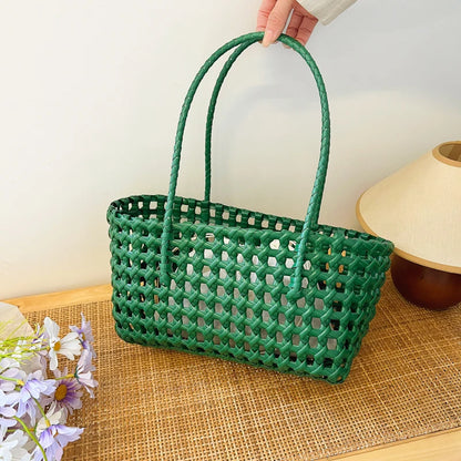 Woven Style Underarm Shoulder Basket Bag Set For Women 2-IN-1 PVC Hollow-out Pure Color Summer Beach Tote Bags 2025 New Handbags