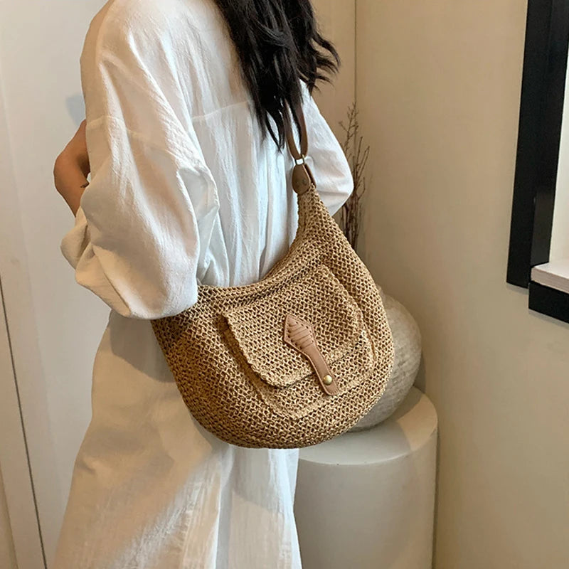 2024 Summer Beach Straw Handbags and Purses Weave Tote Bag Female Bohemian Shoulder Bags for Women Lady Travel Shopping Bags