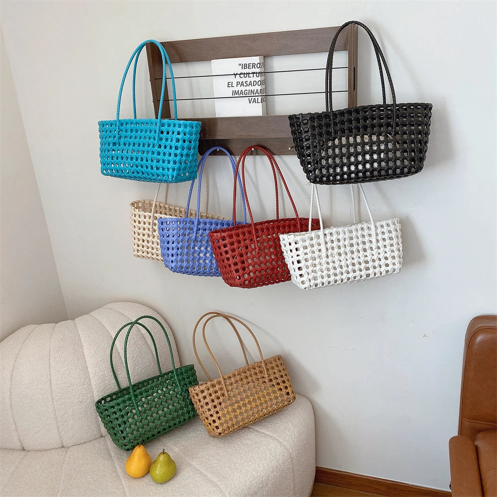 Woven Style Underarm Shoulder Basket Bag Set For Women 2-IN-1 PVC Hollow-out Pure Color Summer Beach Tote Bags 2025 New Handbags