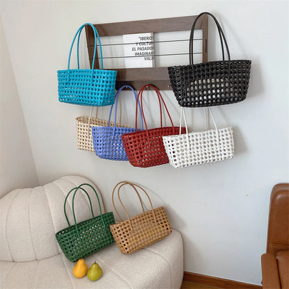 Woven Style Underarm Shoulder Basket Bag Set For Women 2-IN-1 PVC Hollow-out Pure Color Summer Beach Tote Bags 2025 New Handbags