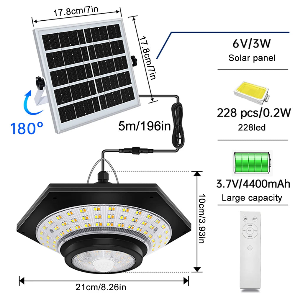 Solar Pendant Shed Lights Outdoor 228 LEDs 5 Modes Solar Motion Sensor Light Waterproof Remote Timers Garage Garden