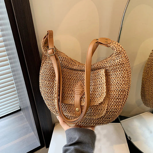 2024 Summer Beach Straw Handbags and Purses Weave Tote Bag Female Bohemian Shoulder Bags for Women Lady Travel Shopping Bags