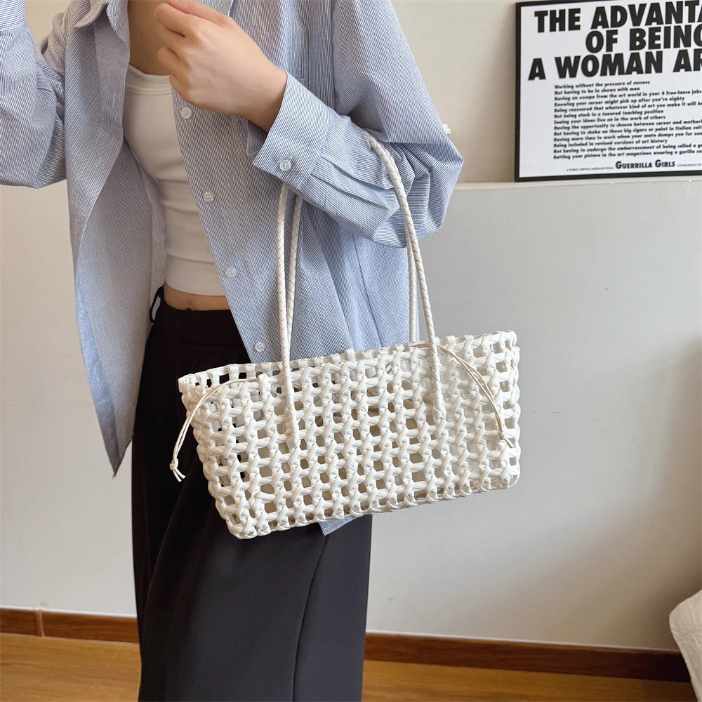 Woven Style Underarm Shoulder Basket Bag Set For Women 2-IN-1 PVC Hollow-out Pure Color Summer Beach Tote Bags 2025 New Handbags