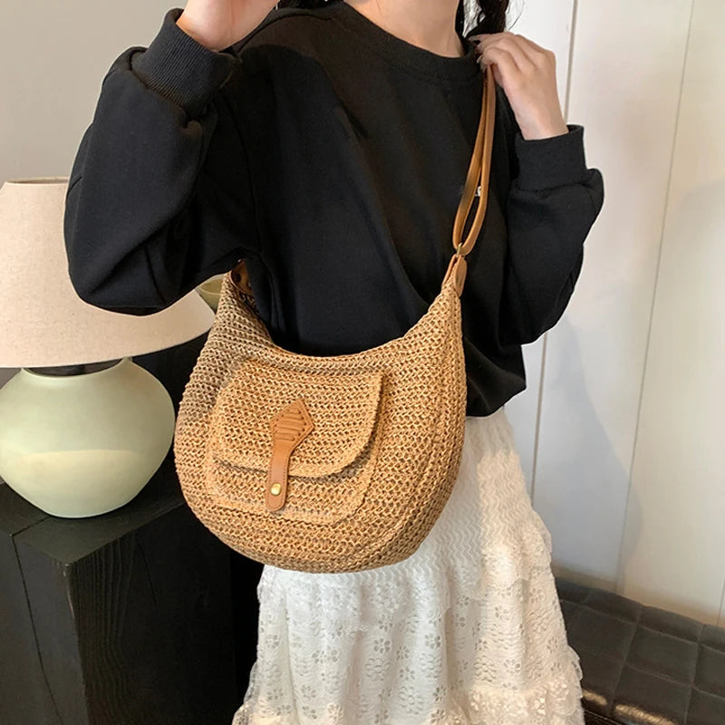 2024 Summer Beach Straw Handbags and Purses Weave Tote Bag Female Bohemian Shoulder Bags for Women Lady Travel Shopping Bags