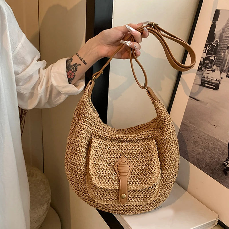 2024 Summer Beach Straw Handbags and Purses Weave Tote Bag Female Bohemian Shoulder Bags for Women Lady Travel Shopping Bags