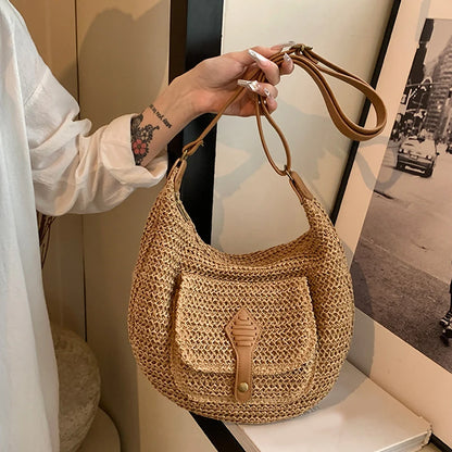 2024 Summer Beach Straw Handbags and Purses Weave Tote Bag Female Bohemian Shoulder Bags for Women Lady Travel Shopping Bags